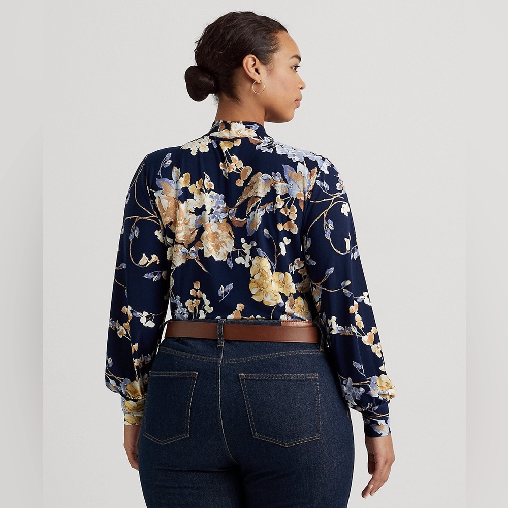 NWT Lauren Ralph Lauren Floral Tie-Neck Stretch Jersey Long Sleeve Plus, Size 2X - Picture 3 of 12